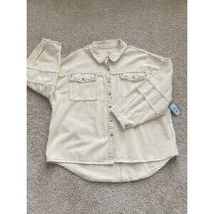 POL Shacket Oatmeal Denim Long Sleeve Button Down Studs Women’s XL Oversized NWT